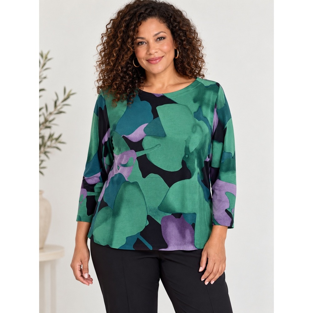Chico's Top Womens 1 M Green Purple Watercolor Abstract Floral 3/4 Sleeve